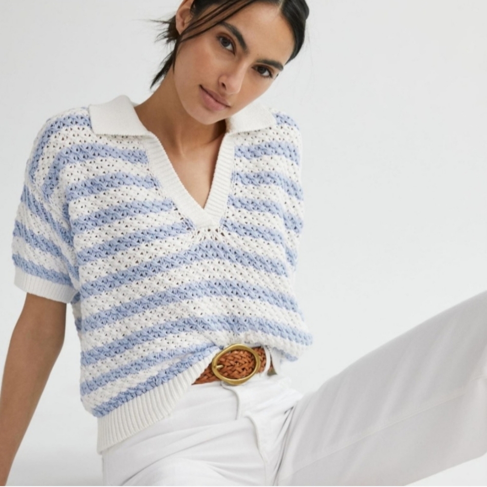 Anthropologie Blue and White Striped V-Neck Sweater